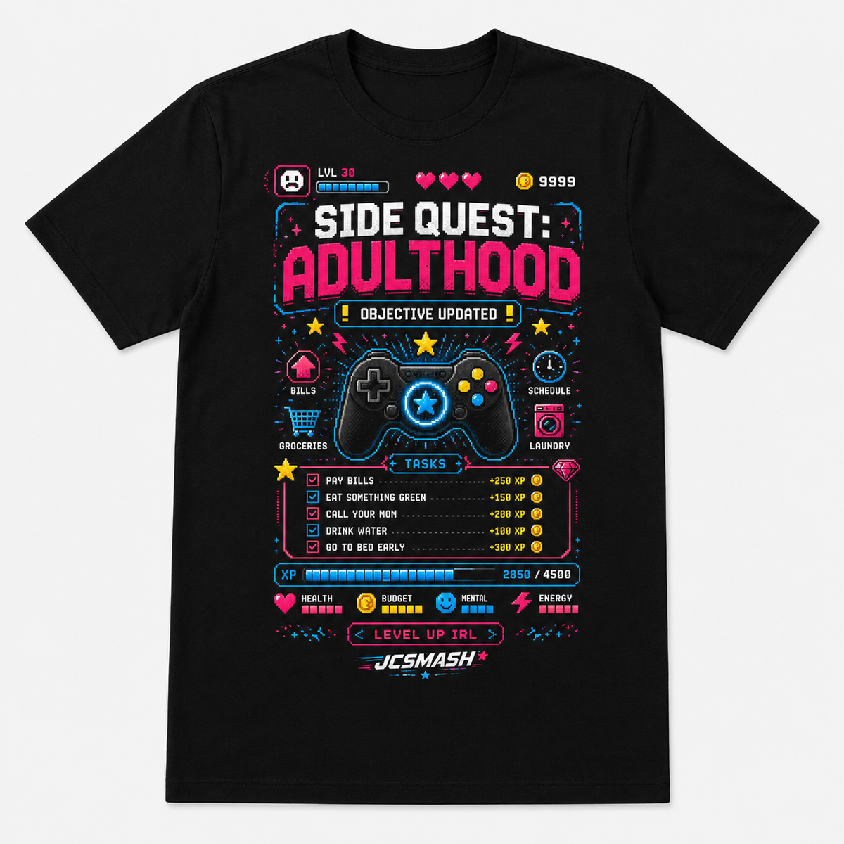 Gaming Side Quest Adulthood graphic T-shirt on black