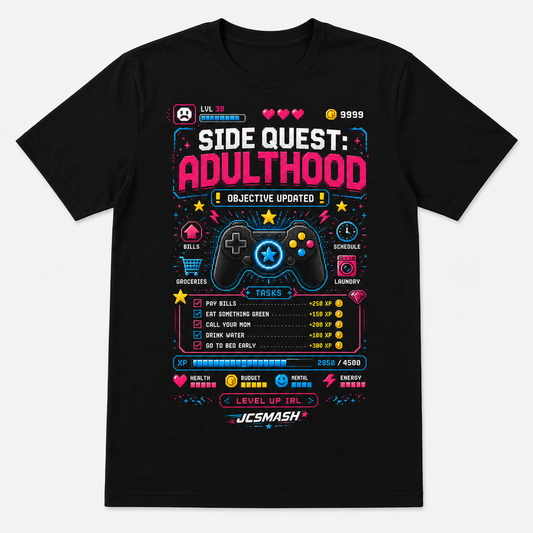 Gaming Side Quest Adulthood graphic T-shirt on black