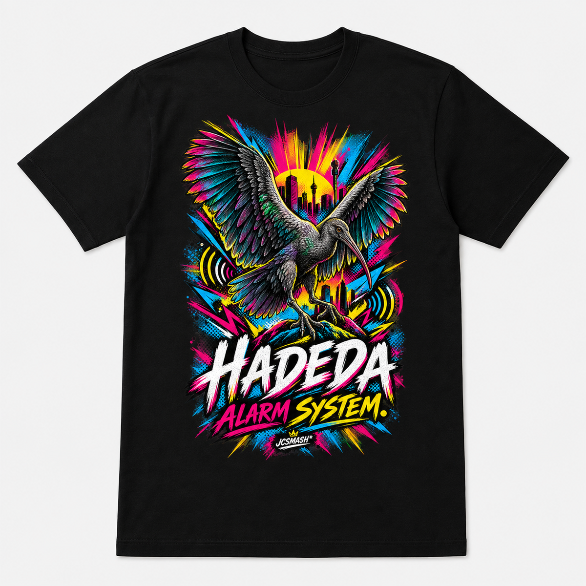 Hadeda Alarm System graphic T-shirt on black