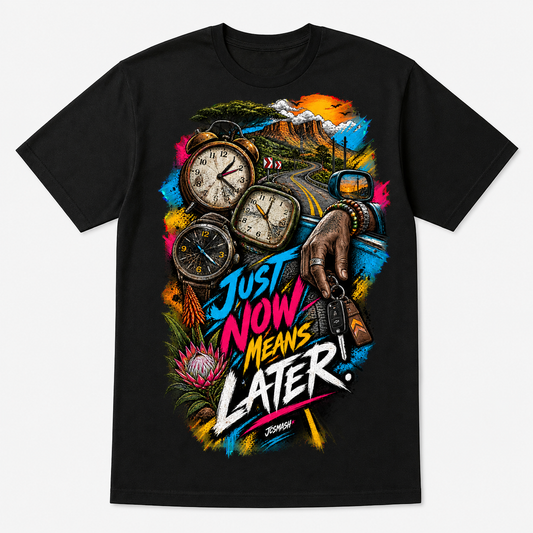 Just now means later graphic T-shirt on black