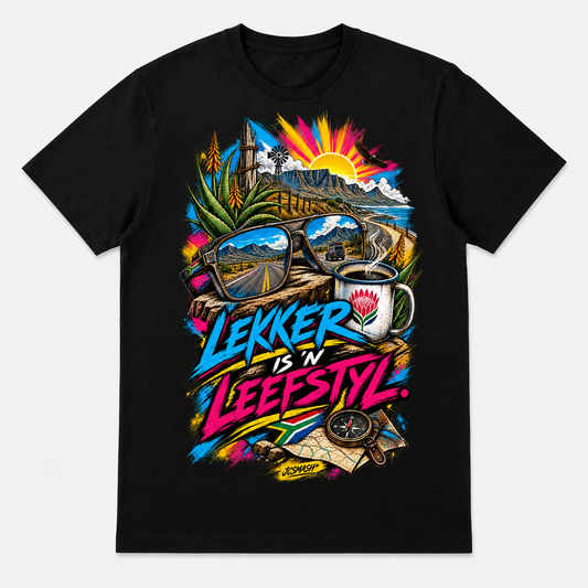 Lekker Is 'n Leefstyl graphic T-shirt on black