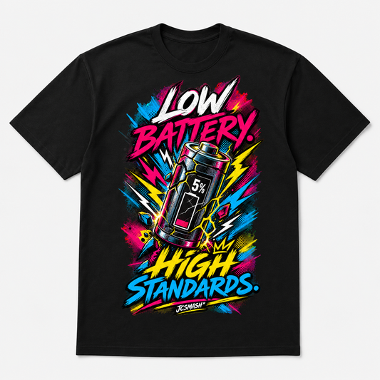 Low Battery. High Standards graphic T-shirt on black