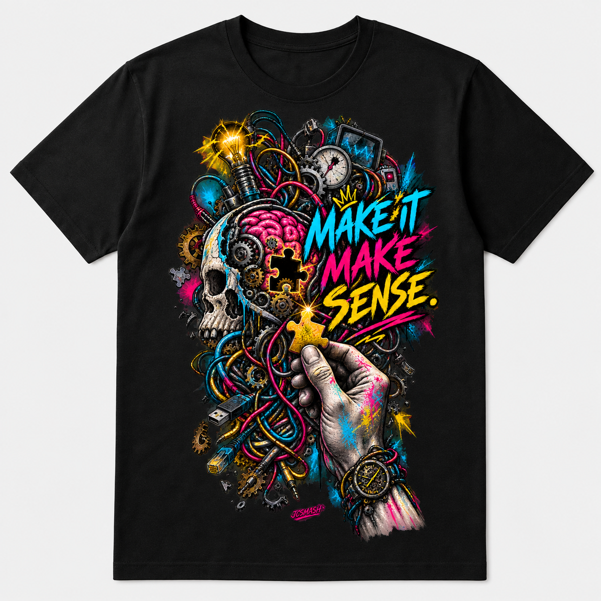 Make it make sense graphic T-shirt on black