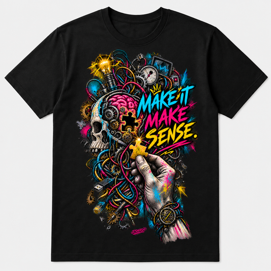 Make it make sense graphic T-shirt on black