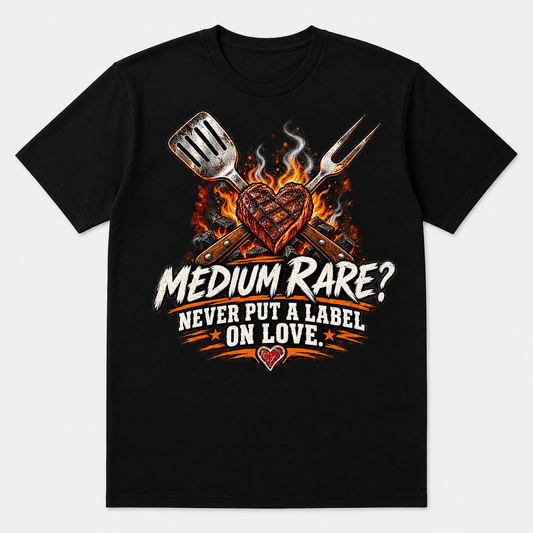 Medium Rare Love graphic T-shirt on black