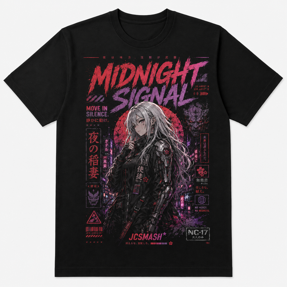 Midnight Signal Anime graphic T-shirt on black