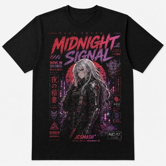 Midnight Signal Anime graphic T-shirt on black