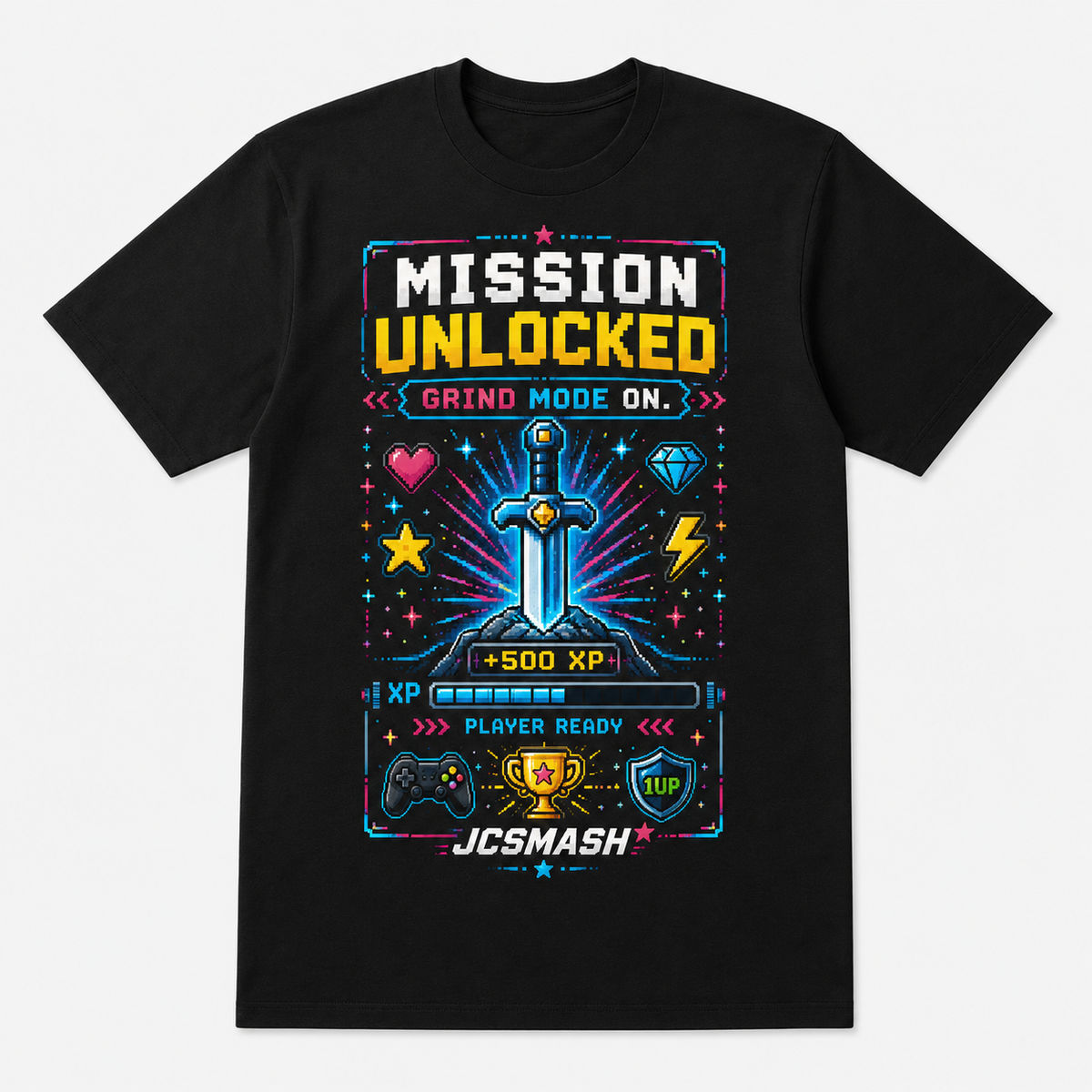 Mission Unlocked gaming graphic T-shirt on black