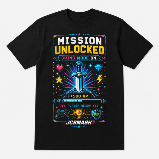 Mission Unlocked gaming graphic T-shirt on black