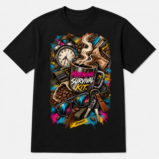 Morning Survival Kit graphic T-shirt on black