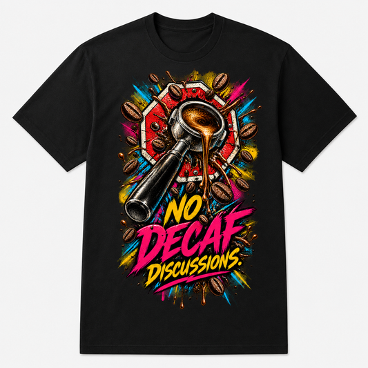 No Decaf Discussions graphic T-shirt on black