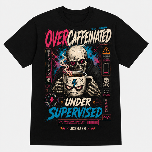 Overcaffeinated Critical Mode graphic T-shirt on black