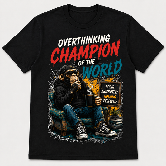 Overthinking Champion graphic T-shirt on black