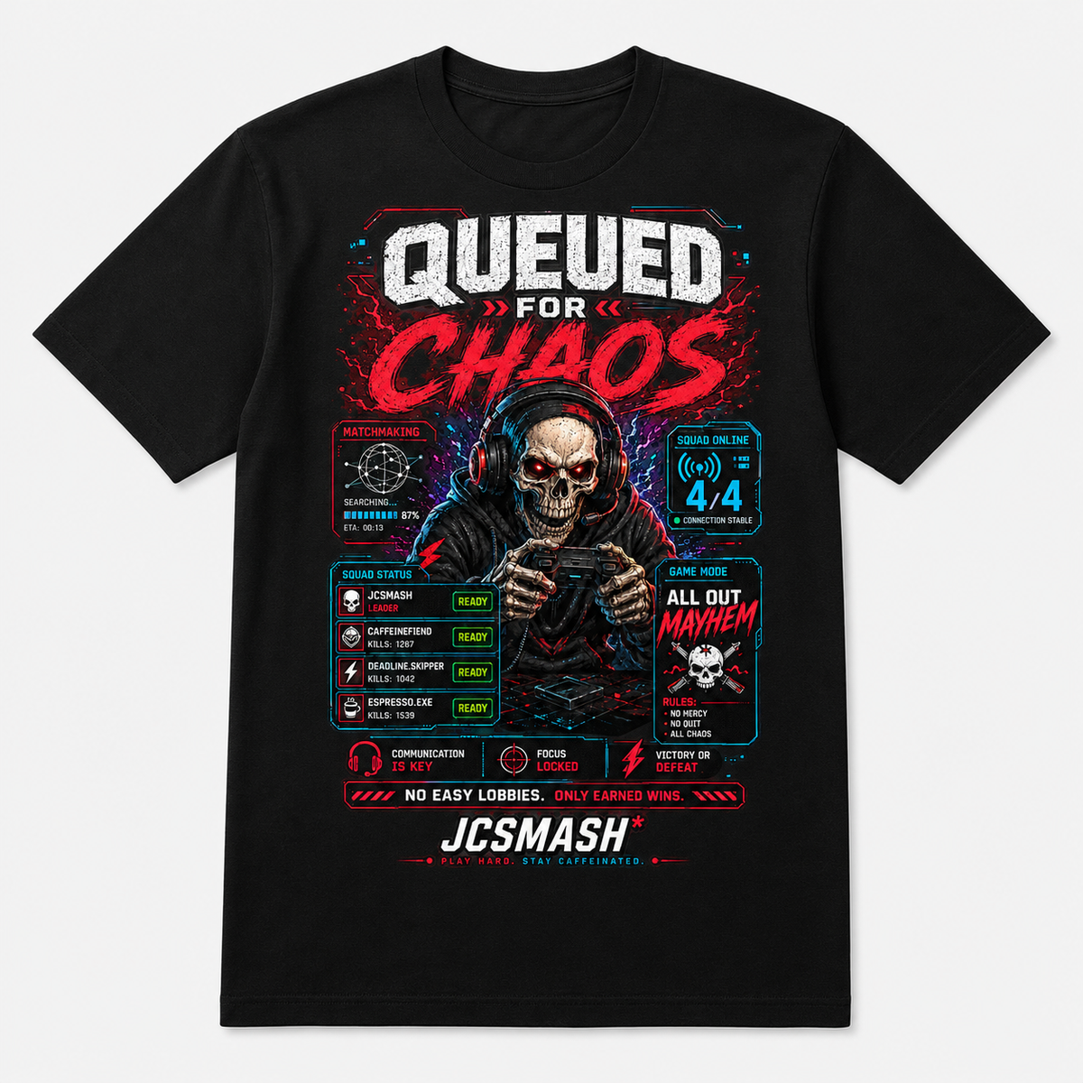 Queued for Chaos esports graphic T-shirt on black