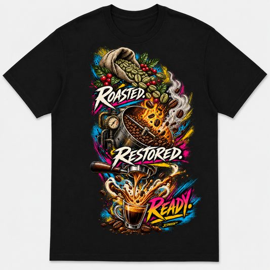 Roasted. Restored. Ready. graphic T-shirt on black