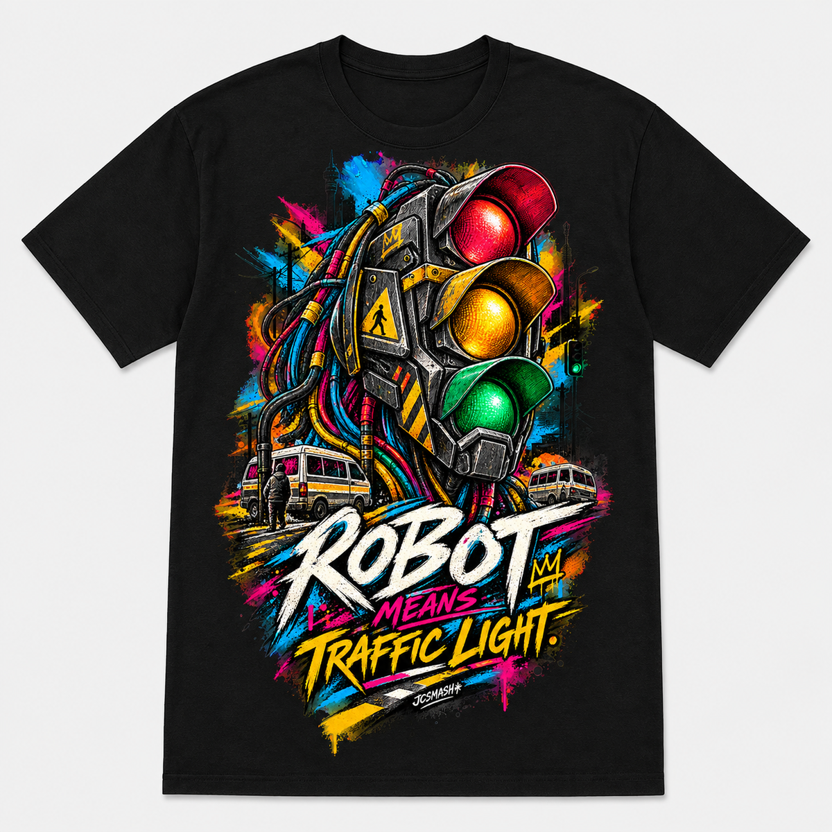 Robot Means Traffic Light graphic T-shirt on black