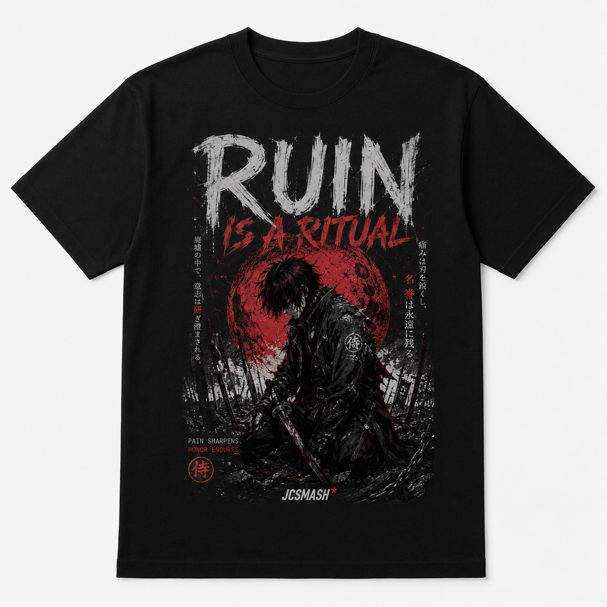 Ruined Samurai Blood Moon graphic T-shirt on black