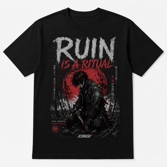 Ruined Samurai Blood Moon graphic T-shirt on black