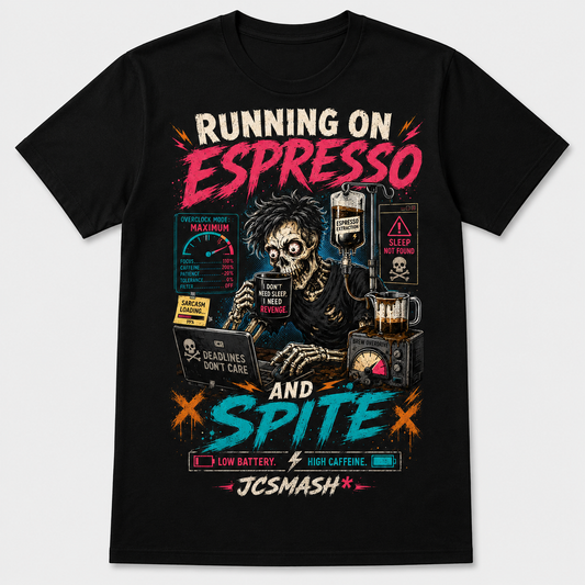Running on Espresso and Spite graphic T-shirt on black
