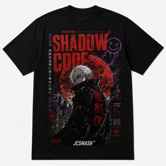 Shadow Code anime graphic T-shirt on black