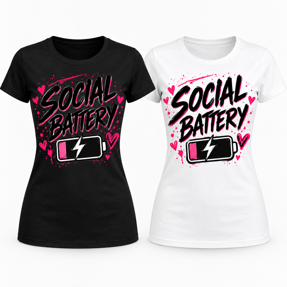 Social Battery black and white ladies T-shirt mockups