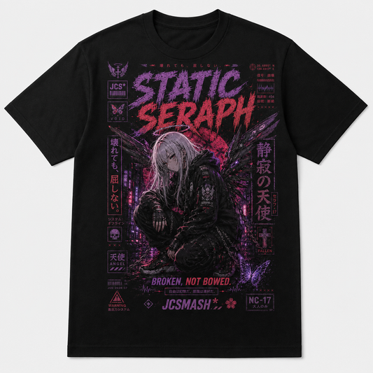 Static Seraph anime graphic T-shirt on black