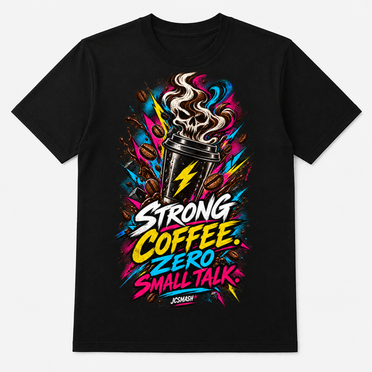 Strong Coffee. Zero Small Talk graphic T-shirt on black