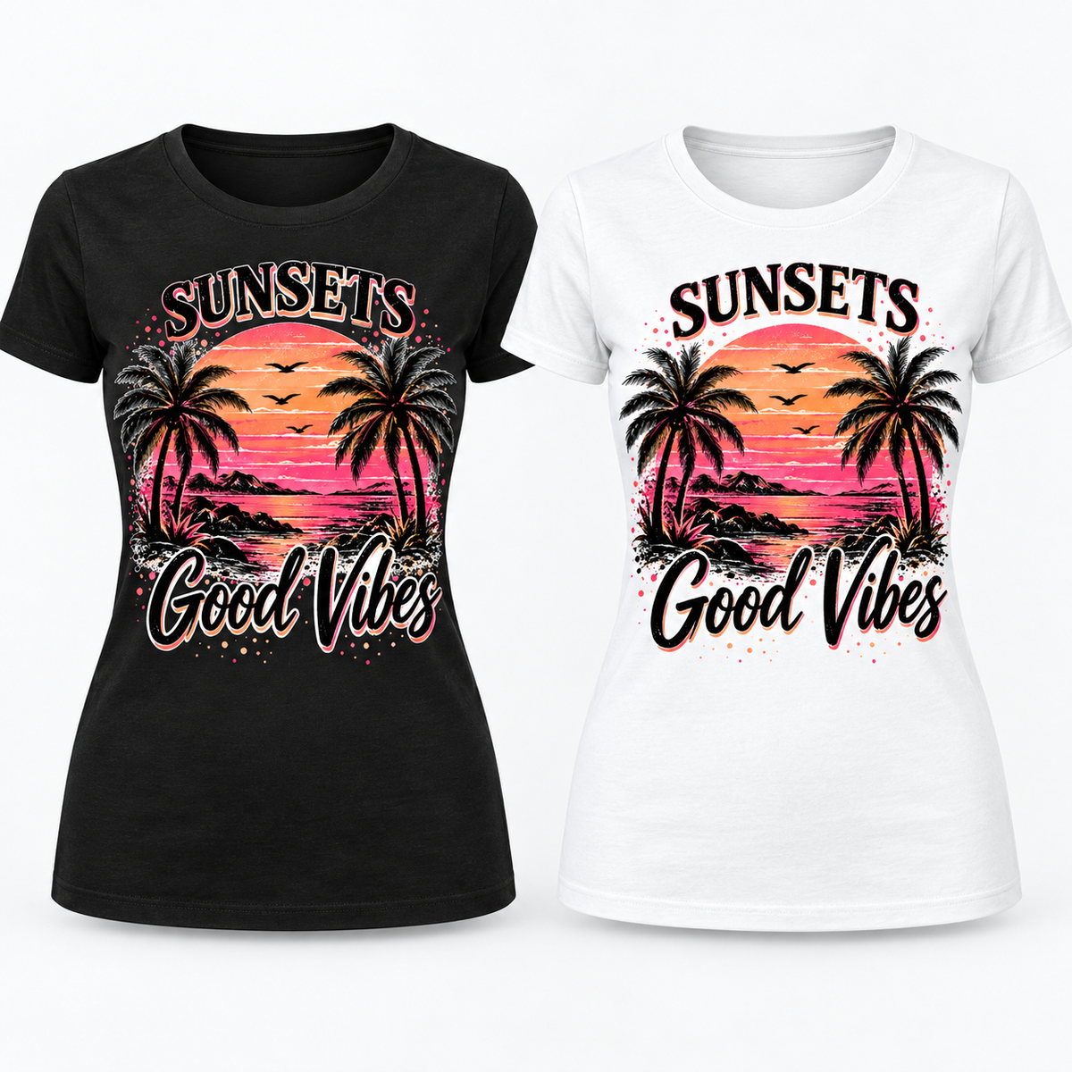 Sunsets & Good Vibes black and white ladies T-shirt mockups