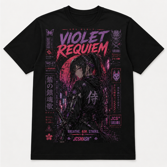 Violet Requiem graphic T-shirt on black