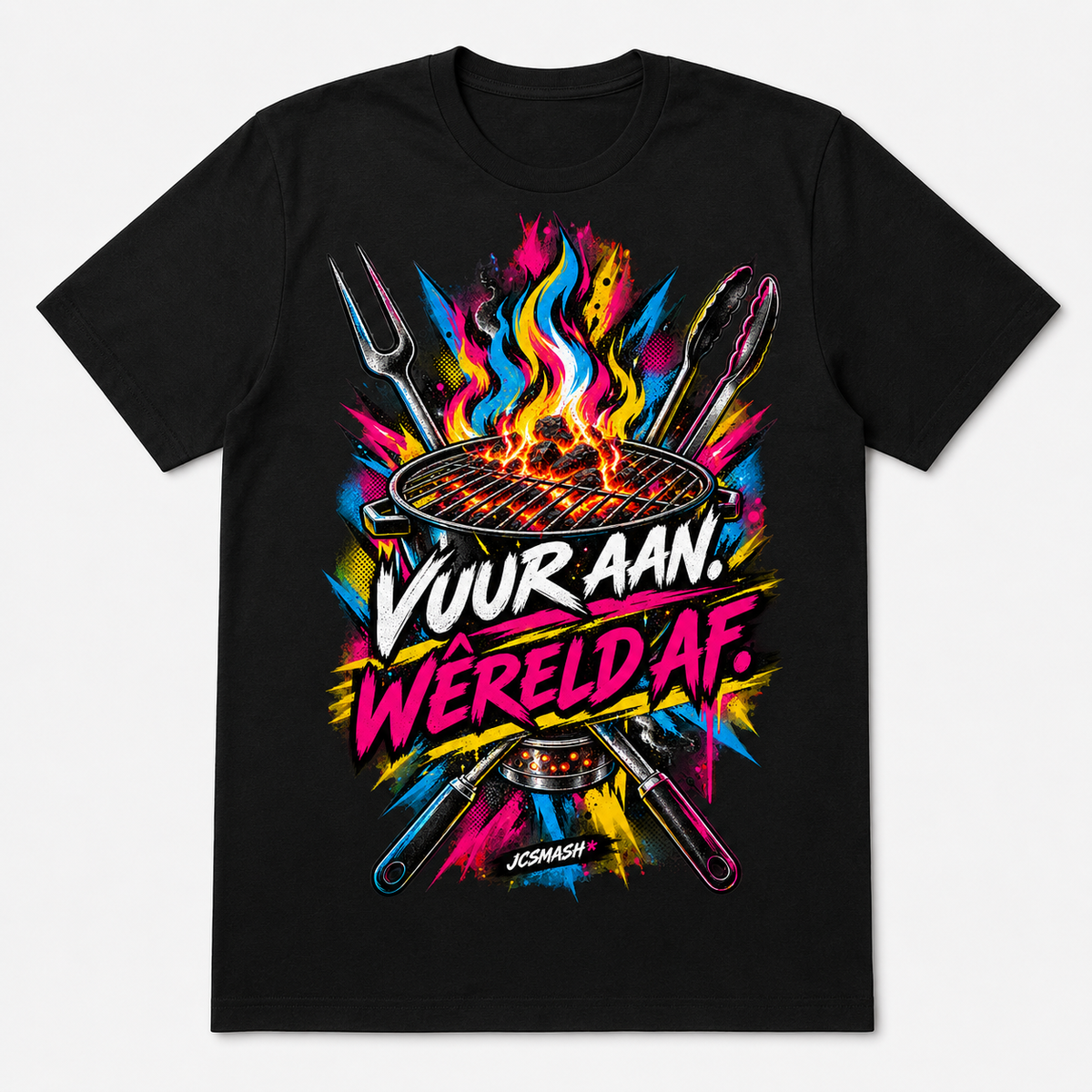 Vuur Aan. Wêreld Af Black graphic T-shirt on black