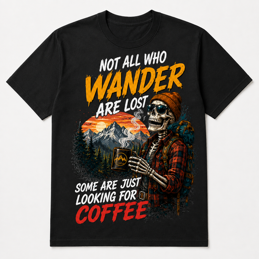 Wander and Coffee Quote graphic T-shirt on black