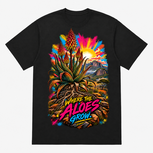 Where the Aloes Grow graphic T-shirt on black